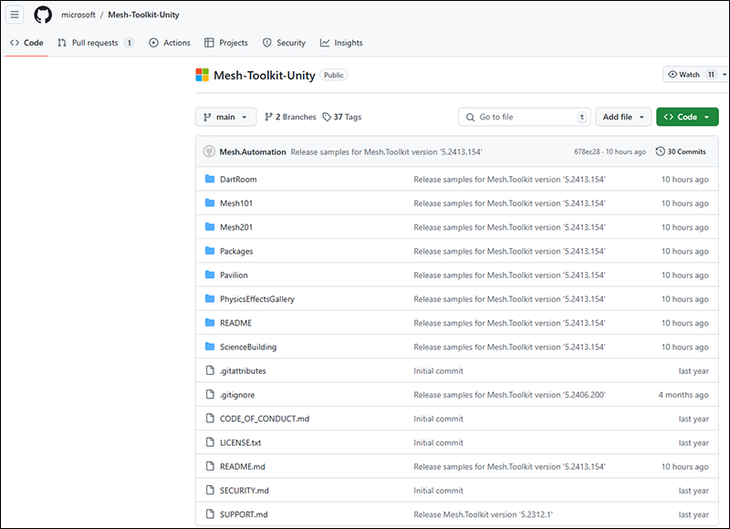 Github の Mesh Toolkit Unity リポジトリの画面。