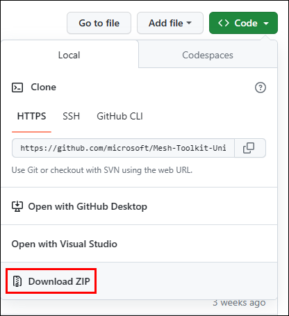 GitHub の Mesh Toolkit Unity ページの [コード] ボタンのスクリーン ショット。