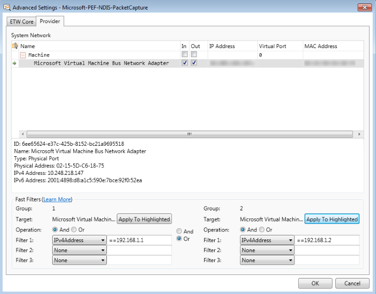 Advanced Settings - PEF-NDIS-PacketCapture Dialog