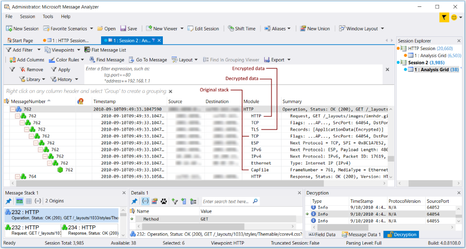 Decrypted data and message stack