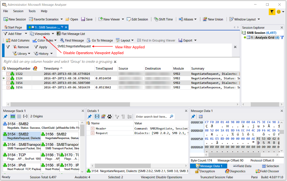 Disable Operations fails to isolate SMB2 request messages