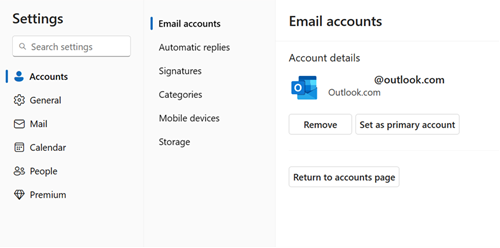 Email アカウントの設定でプライマリ アカウントを変更する方法を示すスクリーンショット。