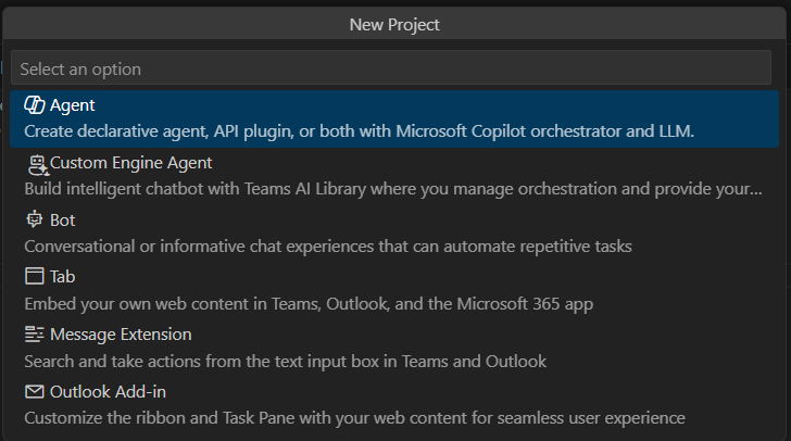 エージェントが選択された [新しいプロジェクト] オプションのスクリーンショット