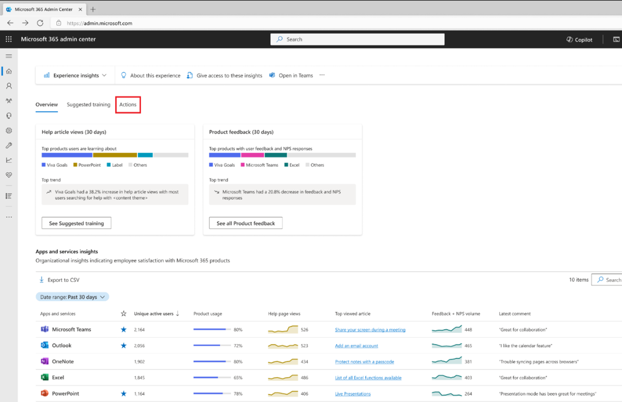 [アクション] タブが強調表示されたエクスペリエンス分析情報ダッシュボード。ページの上部付近にある [推奨されるトレーニング] タブの横。