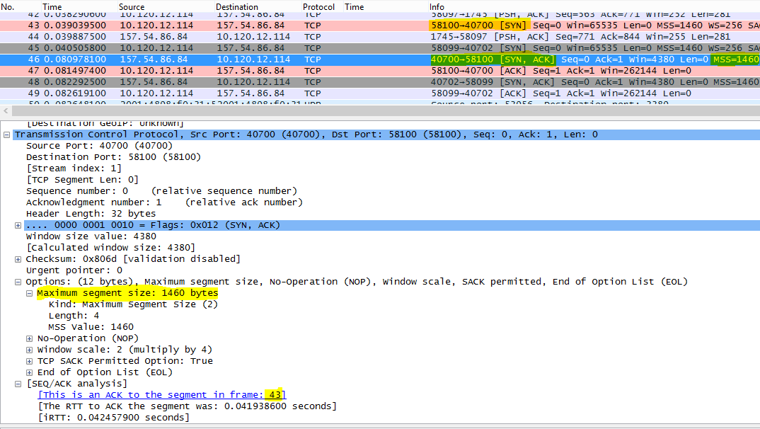 最大セグメント サイズ (MSS) の tcp.options.mss によってWiresharkでフィルター処理されたトレース。