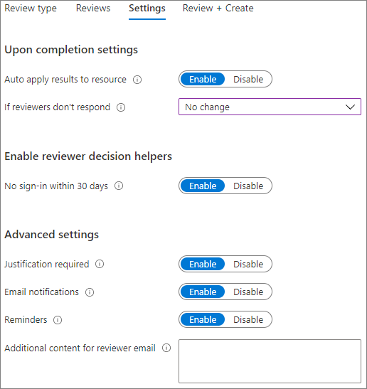 [アクセス レビューの設定] タブMicrosoft Entraスクリーンショット。