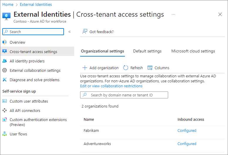 2 つの外部組織が構成された Microsoft Entra ID のテナント間アクセス設定のスクリーンショット。