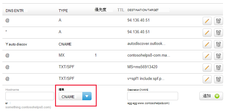 ドロップダウン リストから CNAME の種類を選択し、値を入力します。