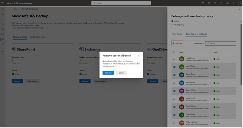 Microsoft 365 管理センターで Exchange バックアップ ポリシーからユーザー メールボックスを削除する方法を示すスクリーンショット。
