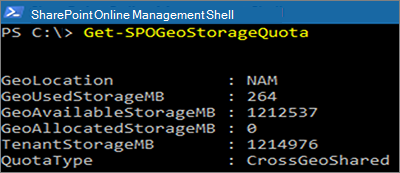 コマンドレットを示す PowerShell ウィンドウ Get-SPOGeoStorageQuota スクリーンショット。