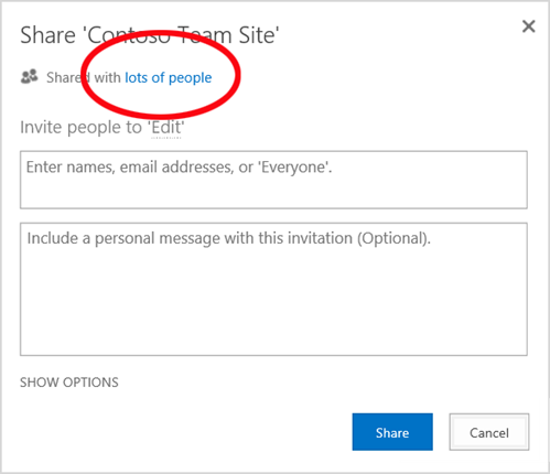 SharePoint 管理センターで SharePoint サイトのメンバーを表示する例。