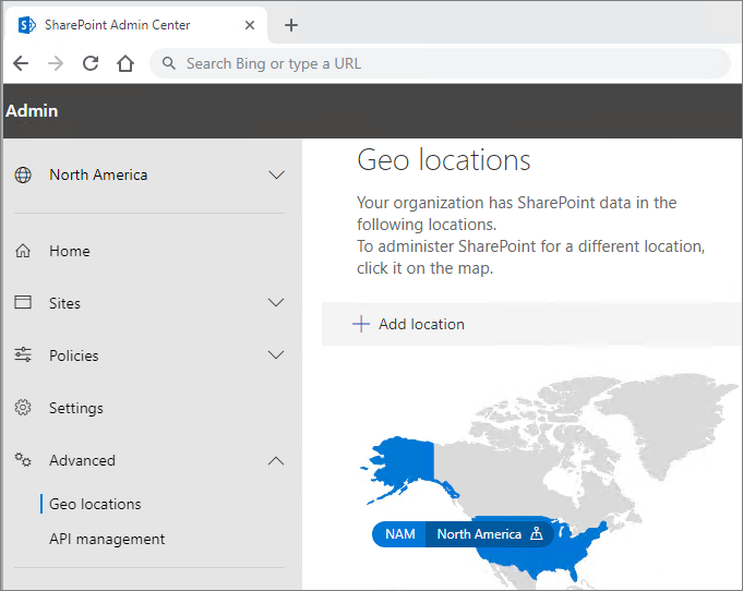 SharePoint 管理センターの [地理的な場所] ページのスクリーンショット。