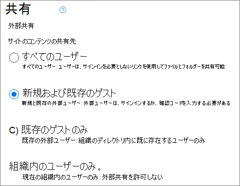 新規および既存の設定に設定された SharePoint サイトレベルの共有設定のスクリーンショット。