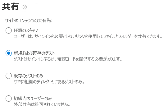 SharePoint サイトの外部共有設定のスクリーンショット
