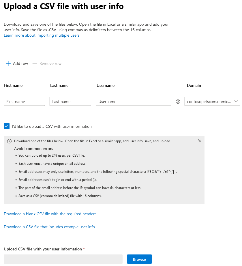 スクリーンショット: ユーザーを一度に 1 つずつ追加したり、CSV ファイルを使用したりするオプション。