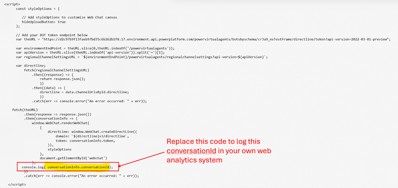 conversationInfo.conversationId を参照する console.log パラメーターを強調表示した JavaScript コードのスクリーンショット。