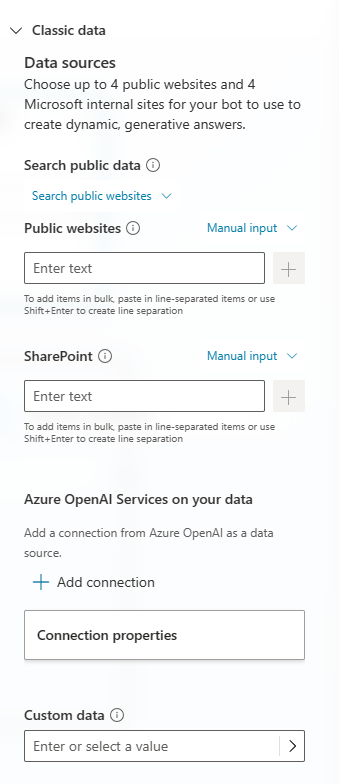 クラシック データで利用可能なオプションを示すスクリーンショット。