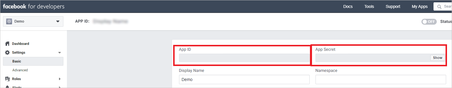 Facebook アプリ ID とシークレットを取得します。