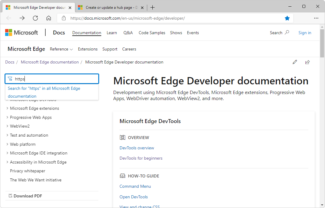 タイトルワードまたはインデックス用語が見つからない場合は、すべての Microsoft Edge ドキュメントをフルテキスト検索するためのオプションが提供されます