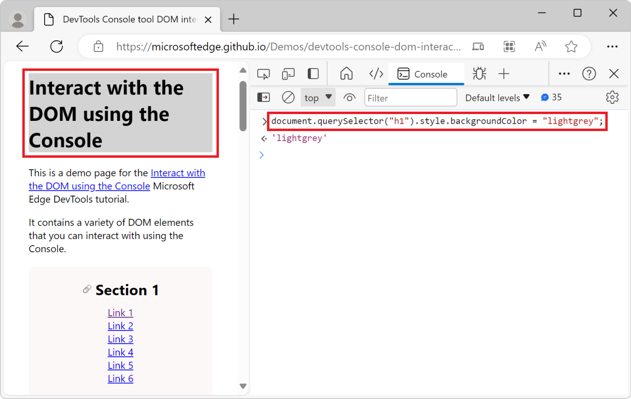 上の JavaScript コードを示すコンソール ツールと、灰色のタイトルを示す Web ページ