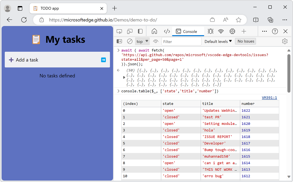 'console.table' を使用して人間が判読できる形式で最後の結果を表示する