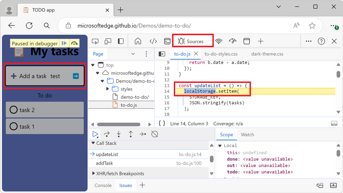 デバッガーが updateList() 関数内で一時停止する