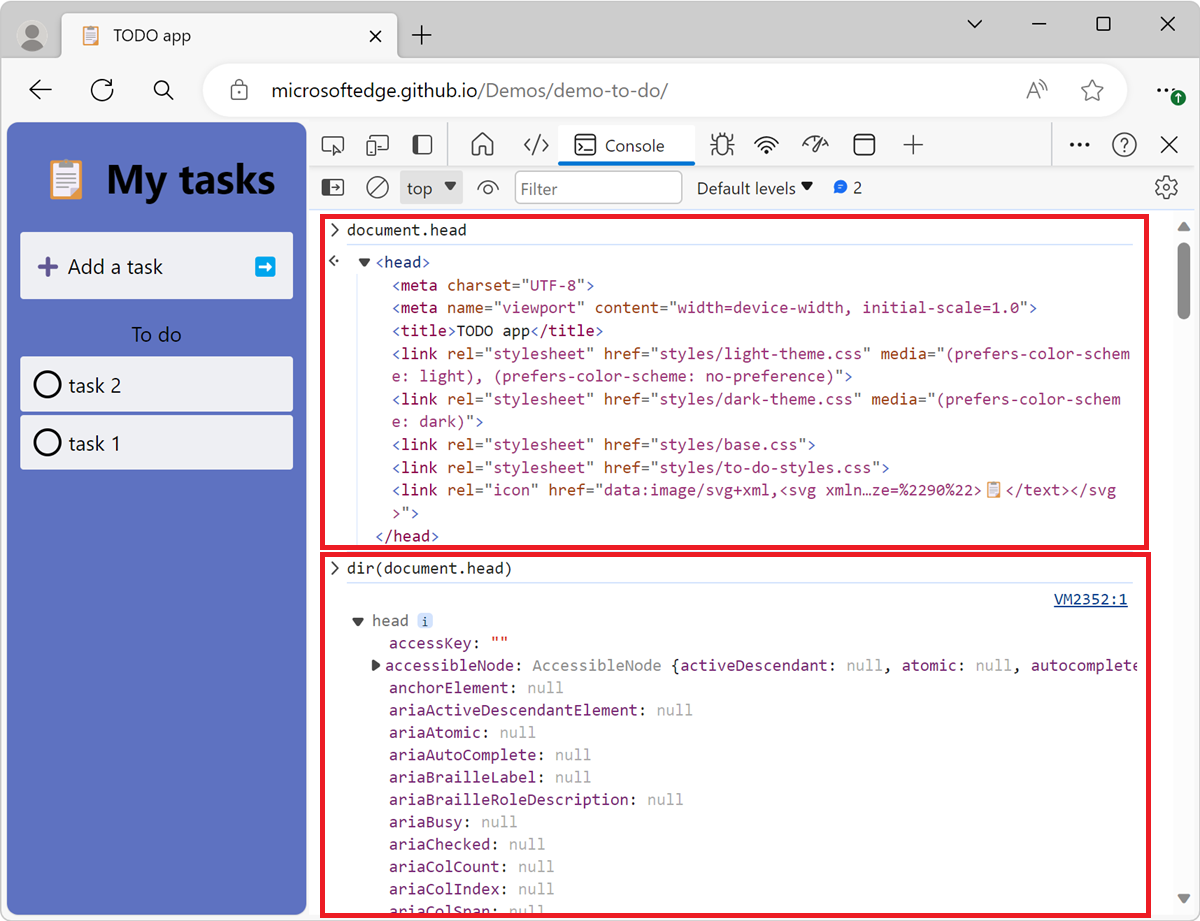 'dir()' 関数を使用して 'document.head' をログに記録する