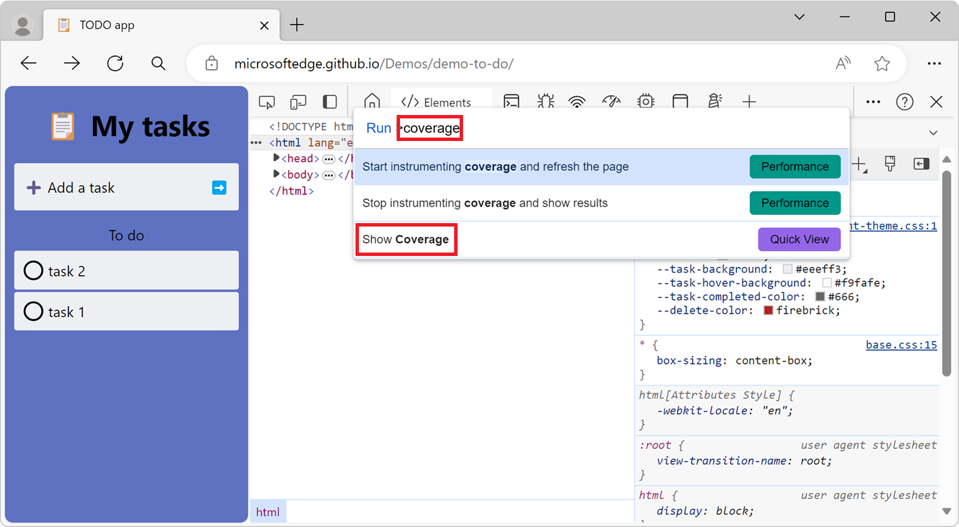 DevTools の [コマンド メニュー] ポップアップが表示され、[カバレッジの表示] コマンドが表示されます