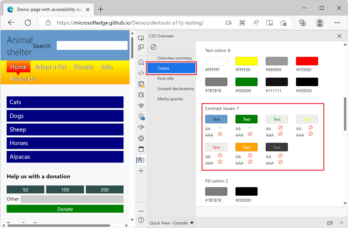 Microsoft Edge では、TODO リスト デモ アプリと DevTools を使用して、CSS の概要レポートにコントラストの問題の一覧を表示します