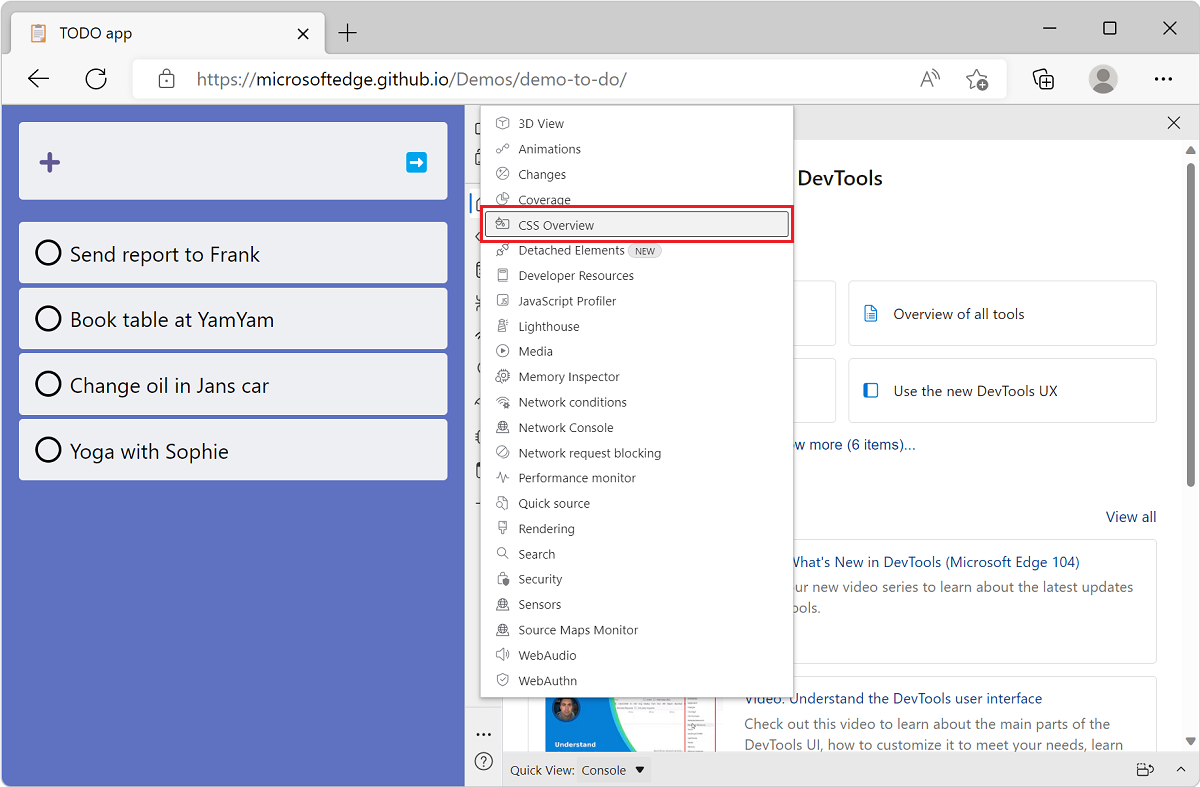 Microsoft Edge で、TODO リスト デモ アプリとその横に DevTools が表示され、[その他のツール] ボタンからツールの一覧が表示されます