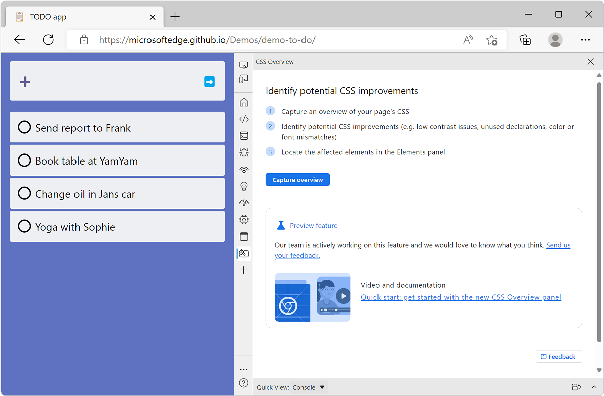 Microsoft Edge の TODO リスト デモ アプリと、その横に DevTools があり、CSS の概要のようこそ画面が表示されます