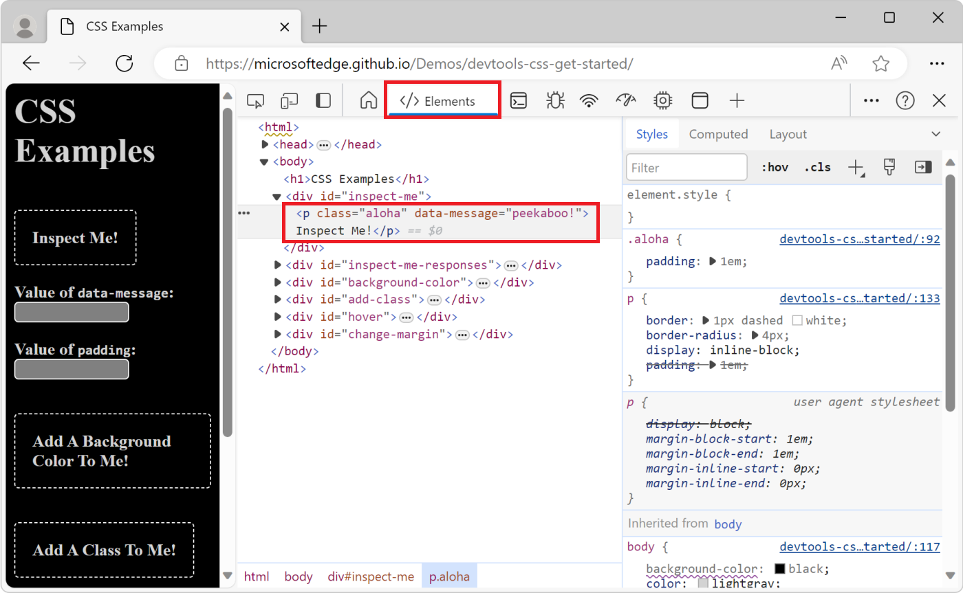 検査された要素が DOM ツリーで強調表示されています