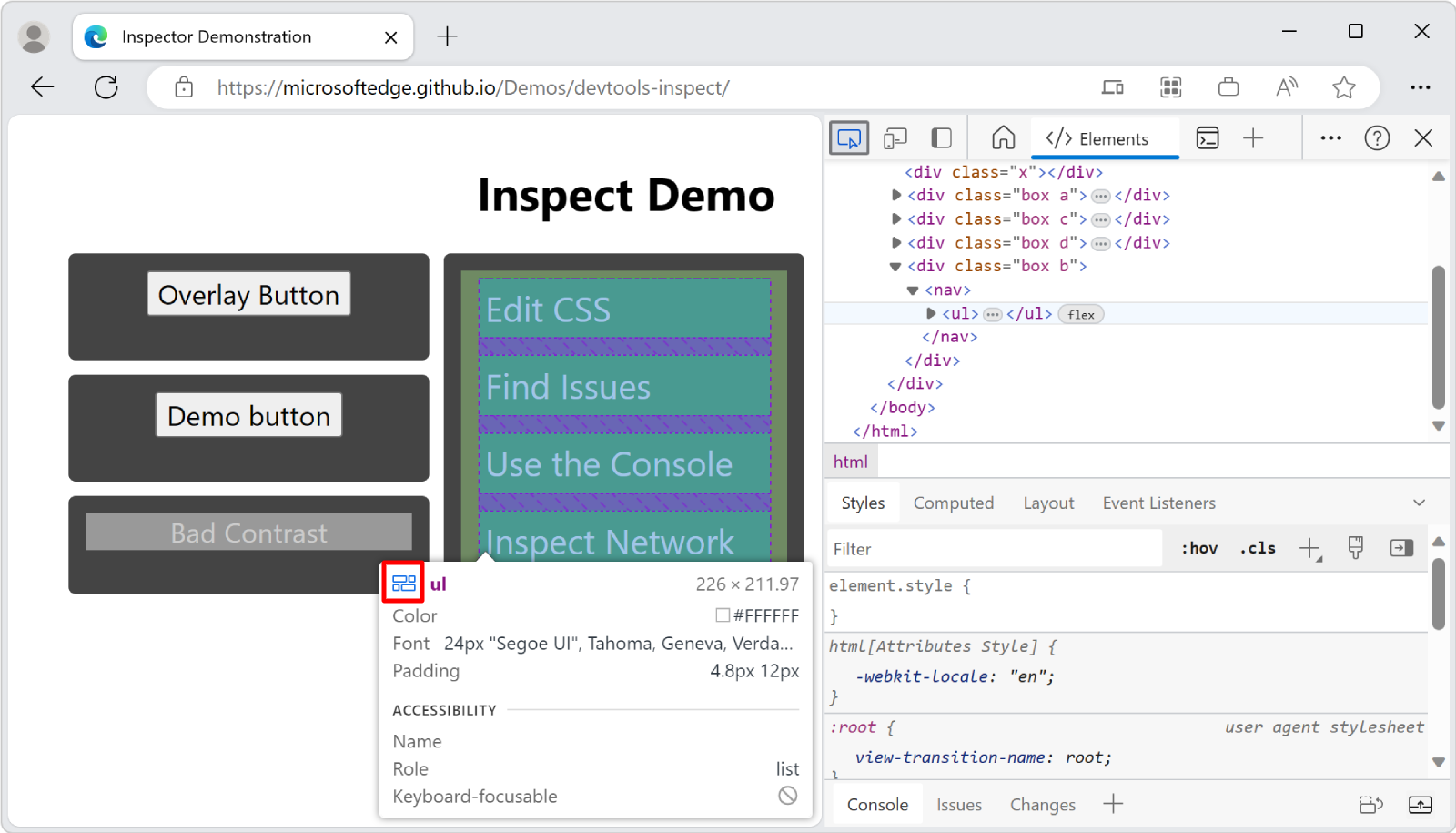 CSS flexbox を使用する要素には、検査オーバーレイ内の名前の横に追加のアイコンがあります