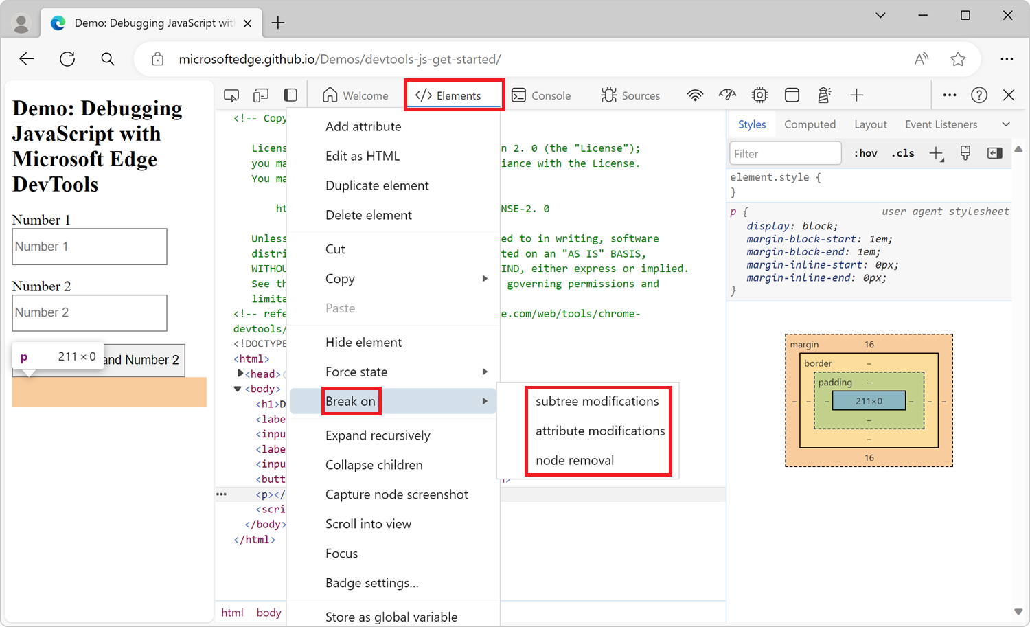 DOM 変更ブレークポイントを作成するためのコンテキスト メニュー