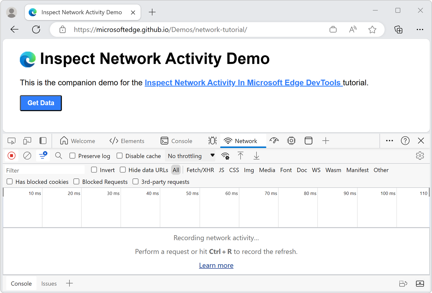 DevTools のネットワーク ツール(DevTools がウィンドウの下部にドッキングされている)