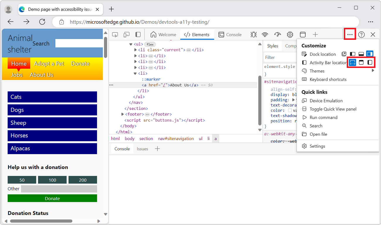 DevTools の [DevTools のカスタマイズと制御] メニューには、さまざまなアクティビティ バーの場所オプションが表示されます