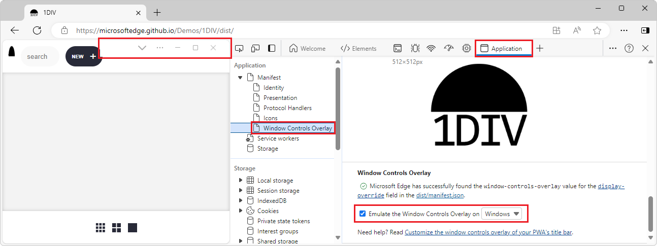 デモ Web ページの右上にあるウィンドウ コントロールのオーバーレイ