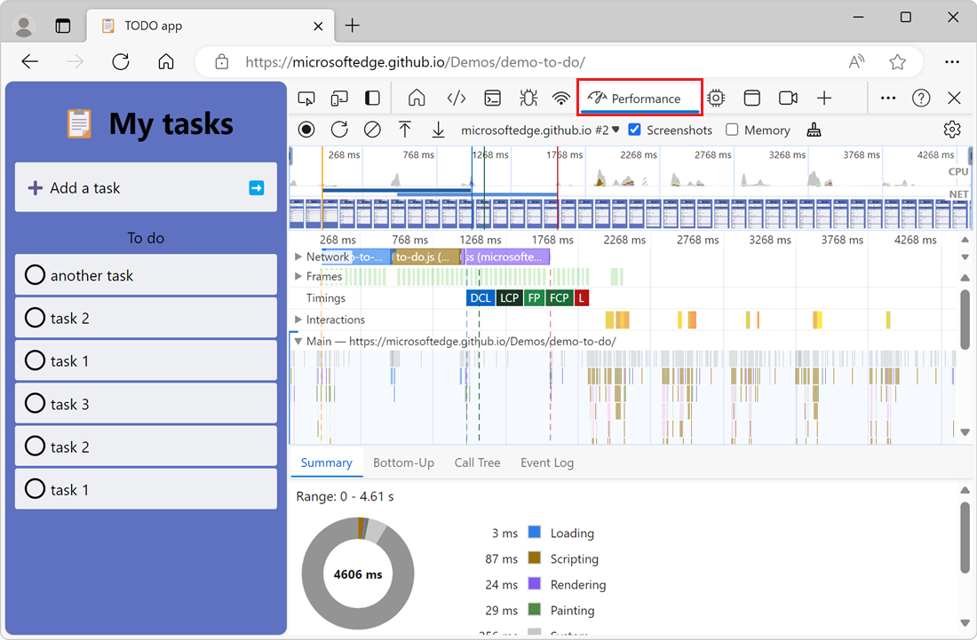 Web サイトのパフォーマンスの記録を表示するパフォーマンス ツール