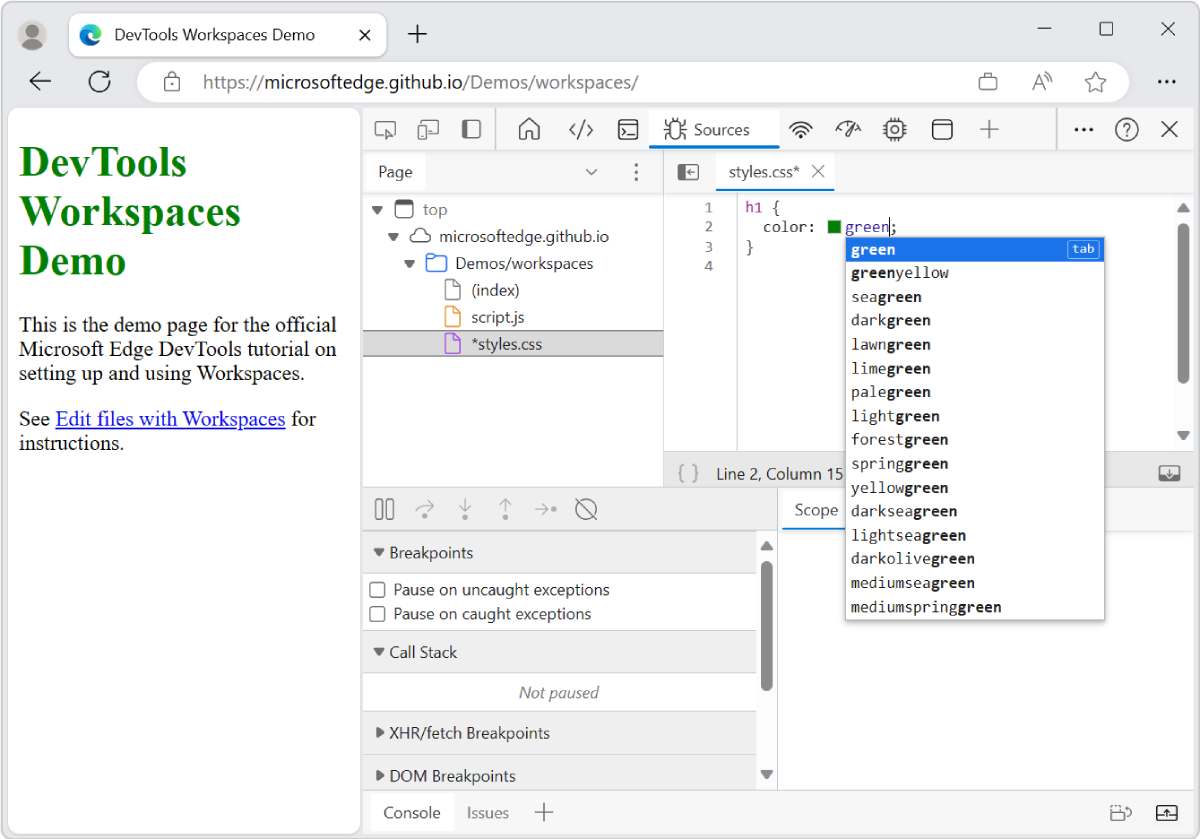 [エディター] ウィンドウで CSS を編集して、H1 見出しのテキストの色を緑色に変更する