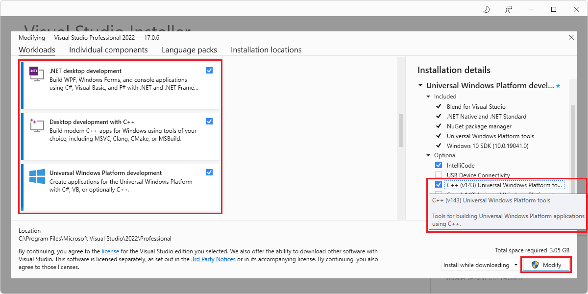 [Visual Studio 2019 の変更] ダイアログには、カードとインストールの詳細が表示されます