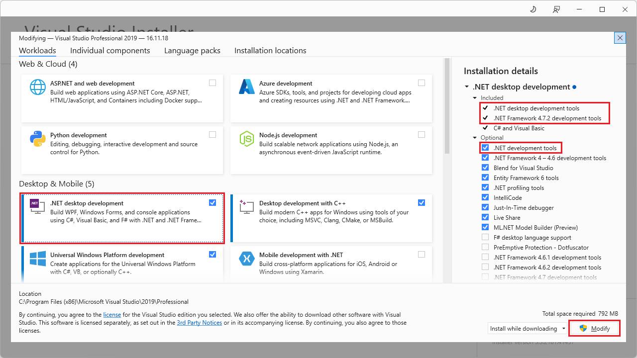 Visual Studio 2019 '.NET デスクトップ開発用のテンプレートをインストールするための '変更' ダイアログ