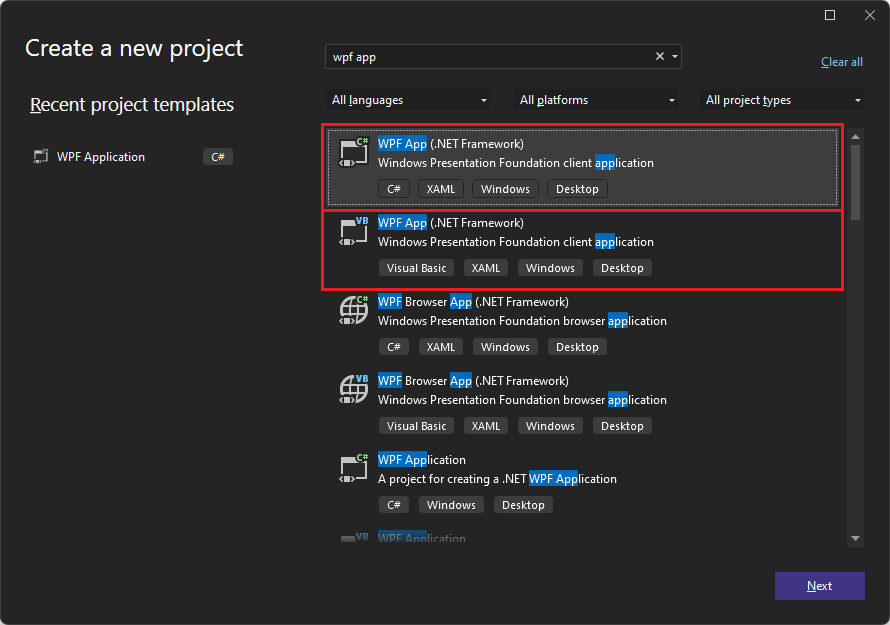 2022 '新しいプロジェクトの作成' ダイアログでテンプレート 'WPF アプリ' を選択する