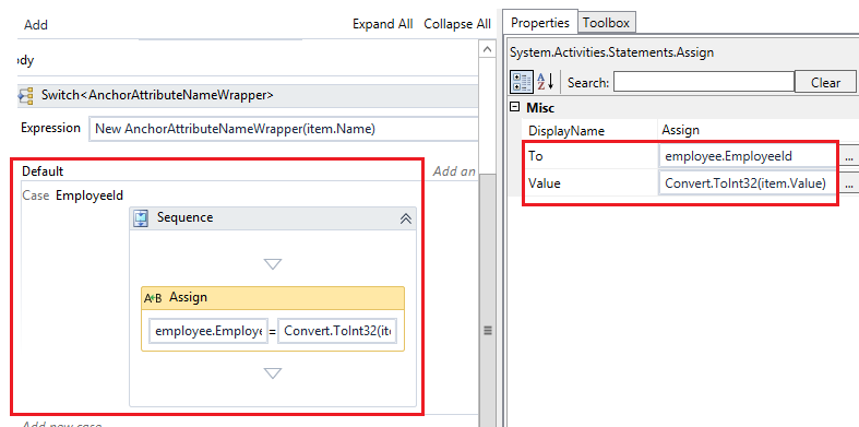 このアクティビティの To プロパティと Value プロパティを示すスクリーンショット。