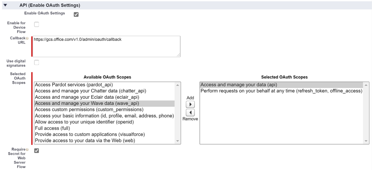 管理者が上記のすべての必須構成を入力した後の Salesforce インスタンスの API セクション。