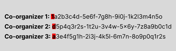 3 人のオーガナイザーのオブジェクト ID のスクリーンショット。最初のオーガナイザーのオブジェクト ID は文字 1 で始まり、2 番目の開催者のオブジェクト ID の最初の文字は文字 d、3 番目の開催者のオブジェクト ID の最初の文字は文字 a です。