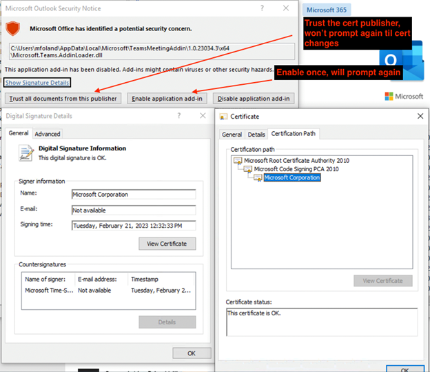 Outlook のセキュリティに関する通知と、この発行元からのすべてのドキュメントを信頼する方法と、アプリケーション アドインを有効にする方法です。