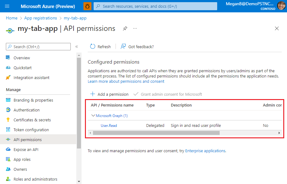 このスクリーンショットは、構成されている API アクセス許可の例を示しています。