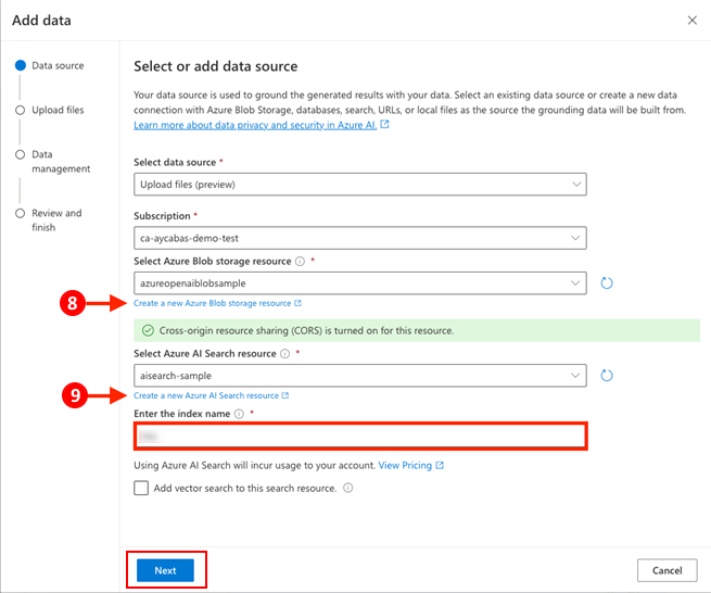 Azure portalでデータ ソースを作成する方法を示すスクリーンショット。