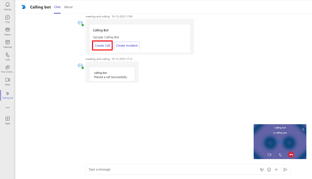 [Create Call]\(呼び出しの作成\) オプションが赤で強調表示された [通話ボットのMicrosoft Teamsのスクリーンショット。最小化された通話画面が画面の右下隅に表示されます。