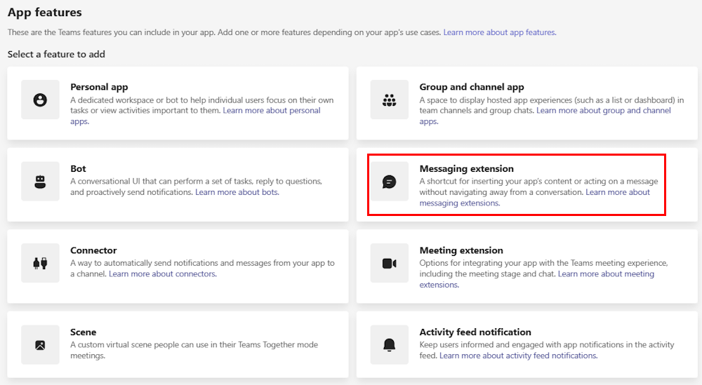 Teams 開発者ポータルのメッセージング拡張機能オプションを示すスクリーンショット。